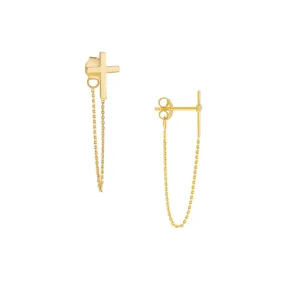 14k Gold Cross With Dangling Chain Earrings