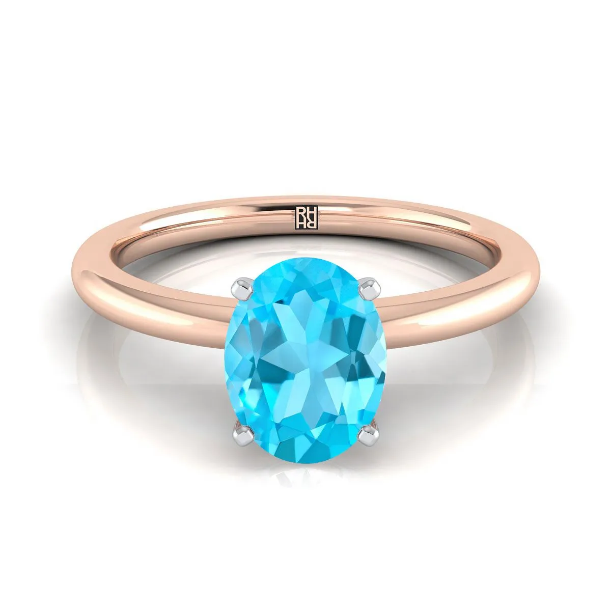 14K Rose Gold Oval Swiss Blue Topaz Round Comfort Fit Claw Prong Solitaire Engagement Ring