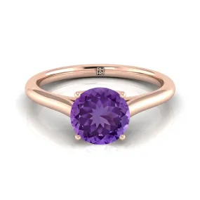 14K Rose Gold Round Brilliant Amethyst Cathedral Style Comfort Fit Solitaire Engagement Ring