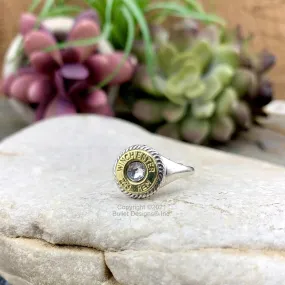 223 Sterling Silver Rope Ring, Dainty AR-15, Brass, Swarovski Crystal