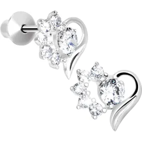 .925 Sterling Silver Clear CZ Flower Heart Youth Screwback Earrings