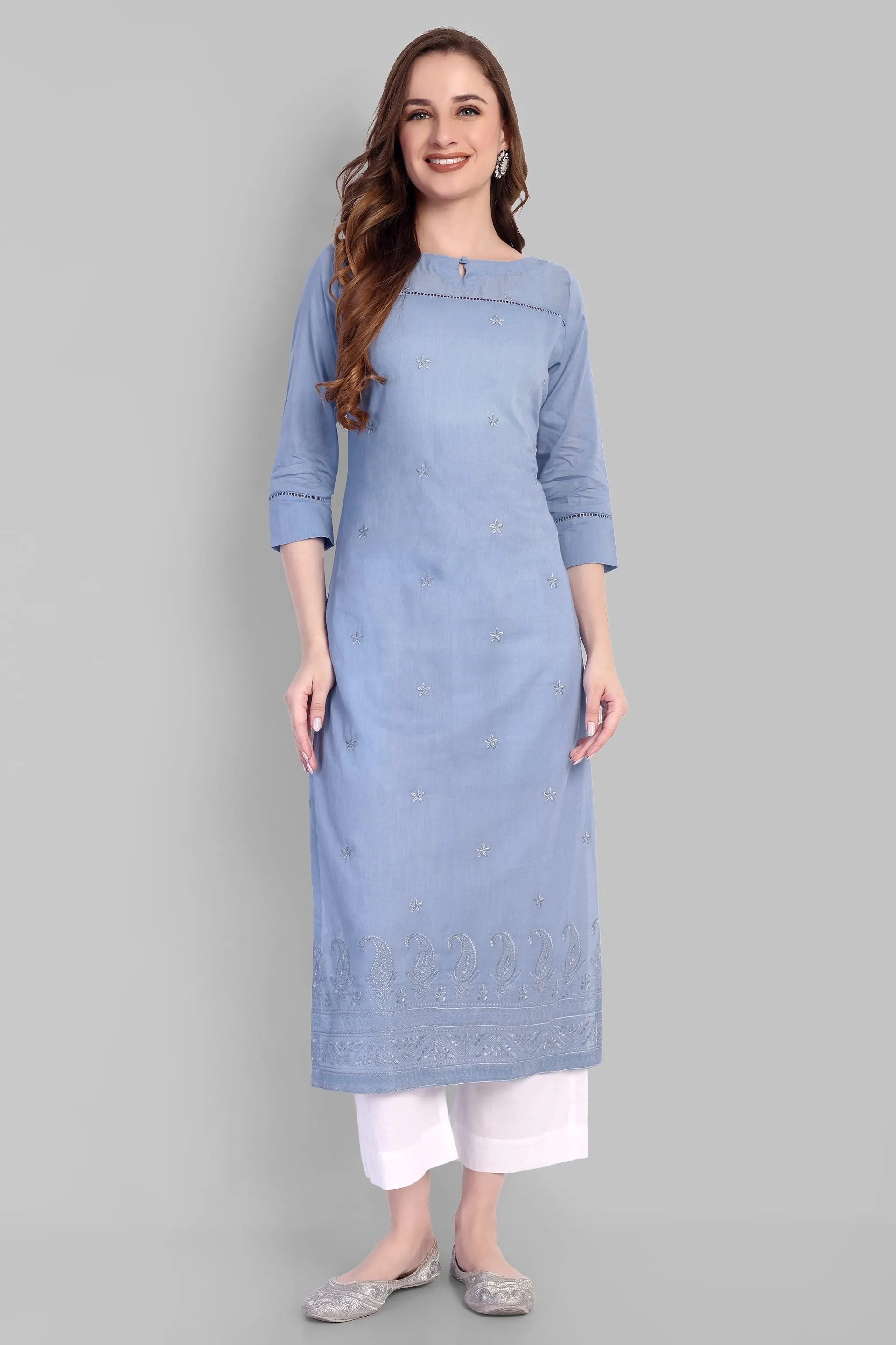 Azure blue Long chikankari Kurta and pant - Set of 2