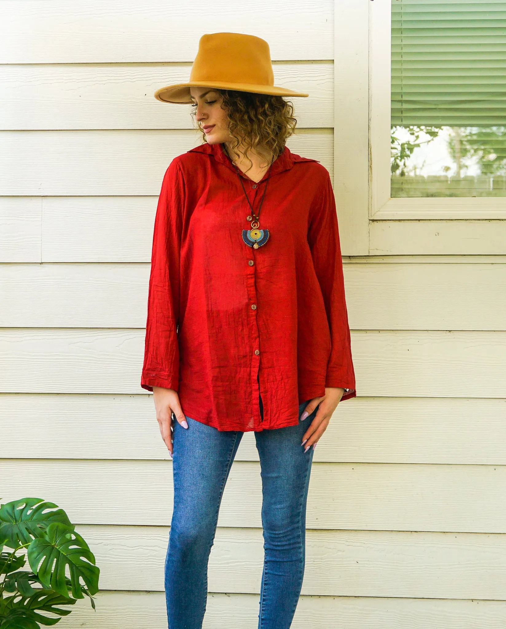 Burgundy Raw Cotton Gauze Collared Long Sleeve Blouse