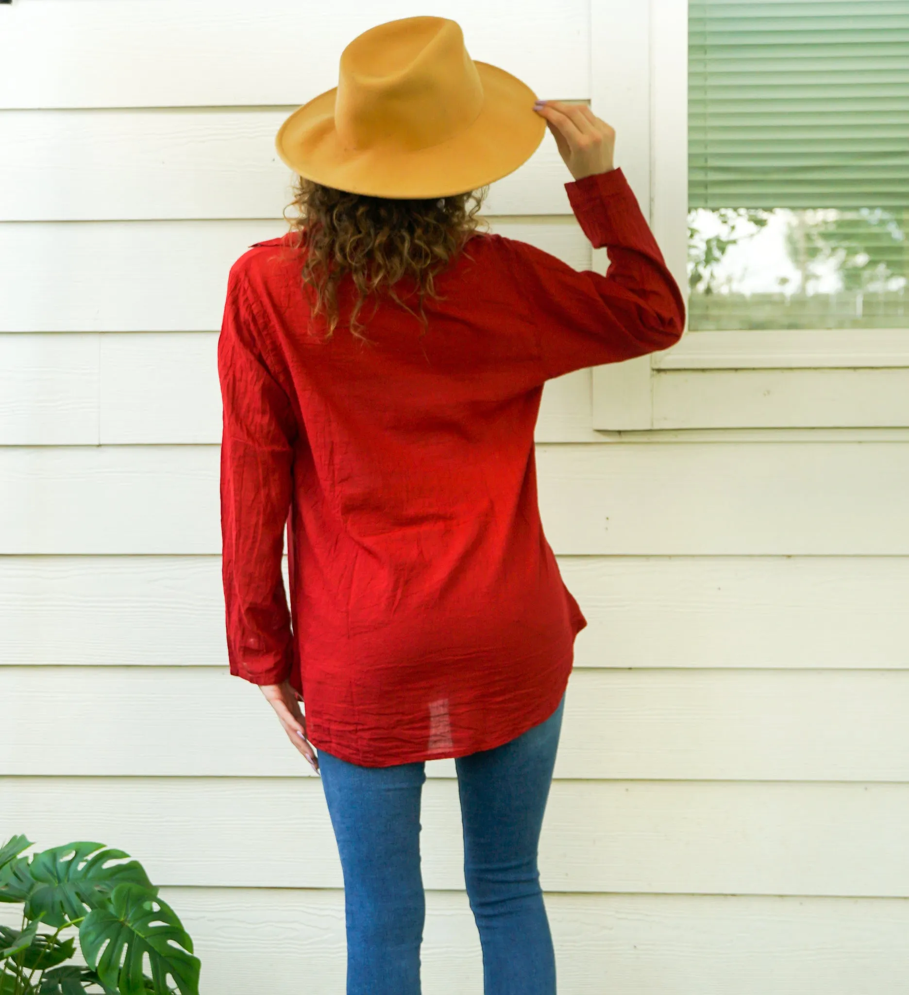 Burgundy Raw Cotton Gauze Collared Long Sleeve Blouse