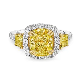 Cushion Cut Fancy Yellow Diamond Ring with Halo, 2 CT