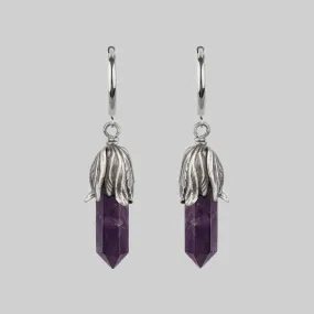 DEATH BLOOM. Amethyst Gemstone Hoop Earrings - Silver