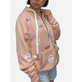 Dotty Peach Zip Up Hoodie - Silver Foil Evil Eyes