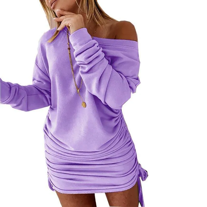 Drawstring ruffled long-sleeve dress