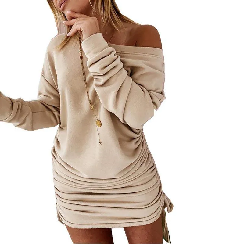 Drawstring ruffled long-sleeve dress