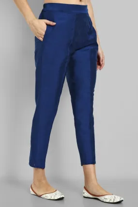 Ink Blue Straight Cotton Silk Pant with Pockets