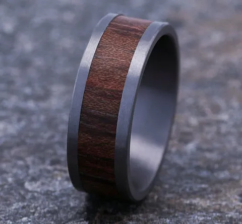 Men's 8mm Grey Tantalum Ring with Wood Inlay Center Ring