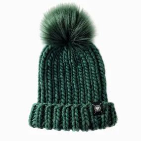 Merino Folded Brim Faux Fur Pom-Pom Beanie  in Enchanted Forest