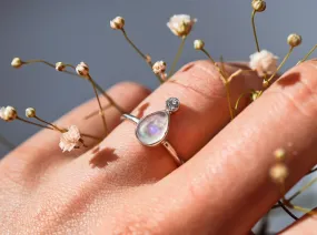 Rainbow Moonstone Drop Ring with CZ