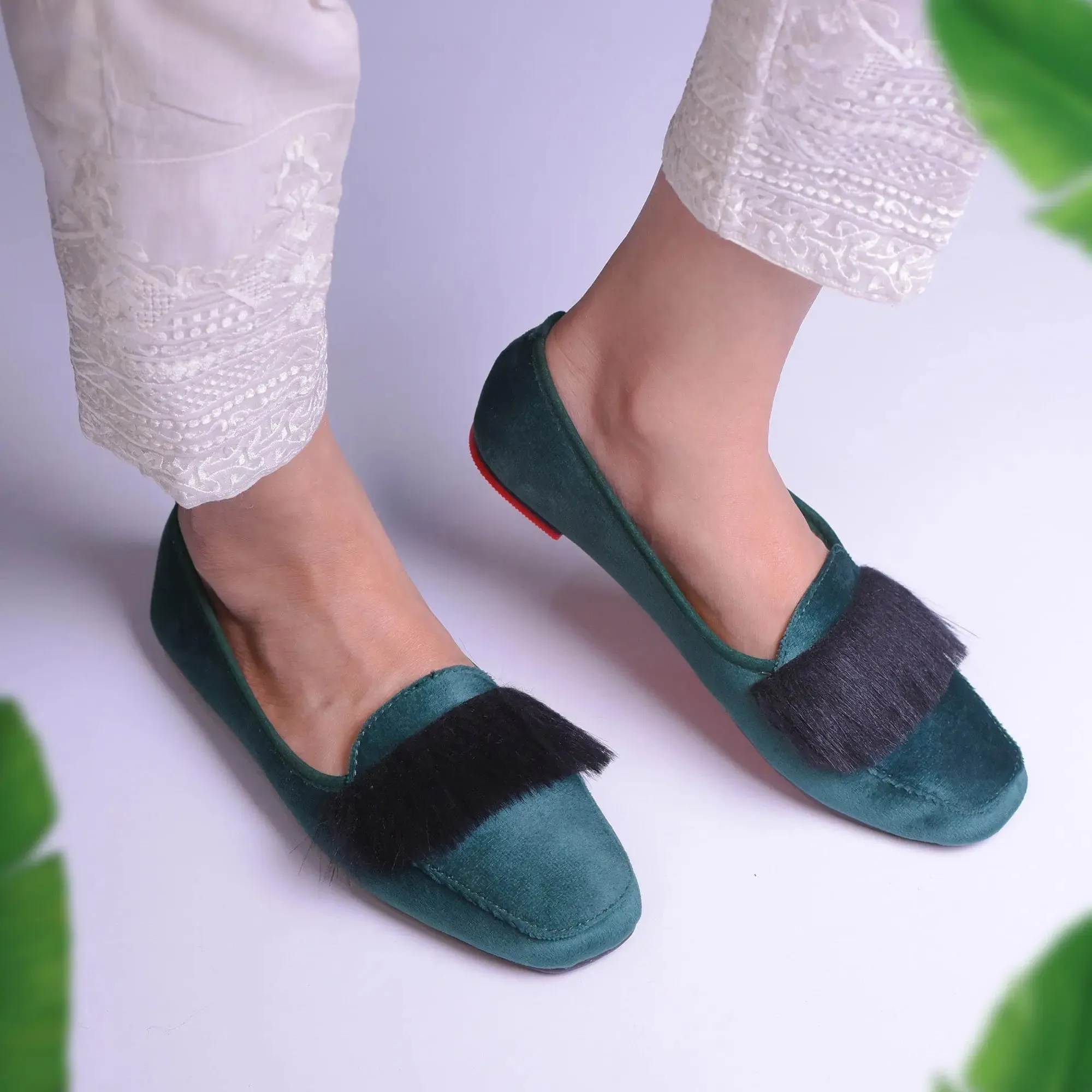 Velvet Fur Loafers Green