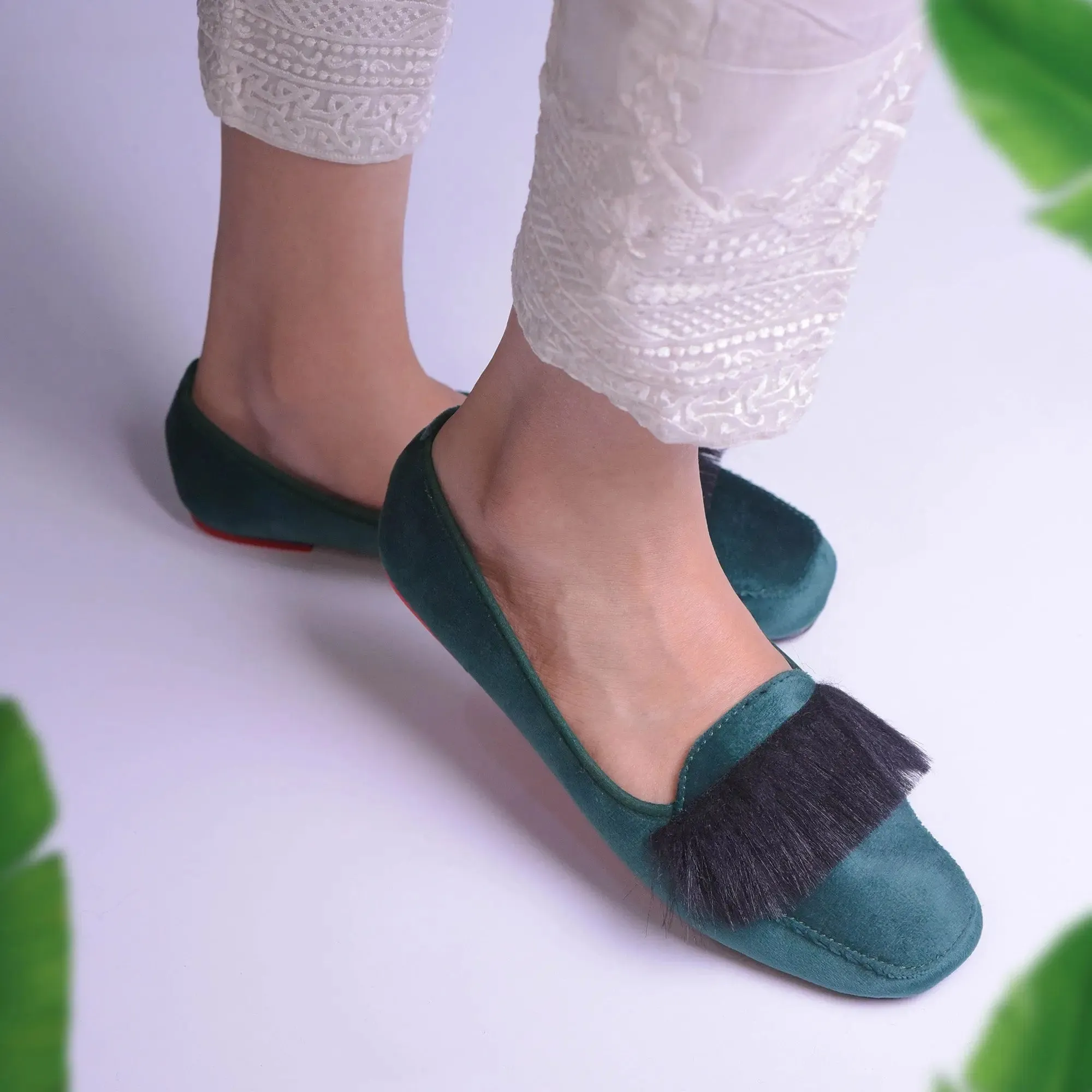 Velvet Fur Loafers Green