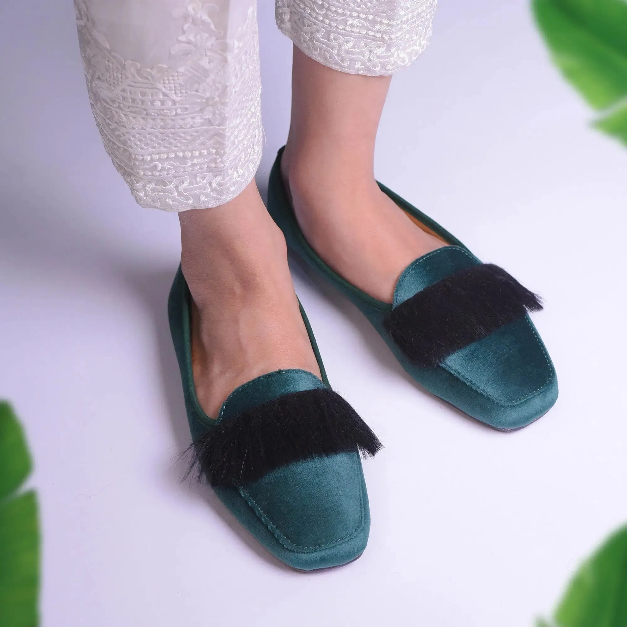 Velvet Fur Loafers Green