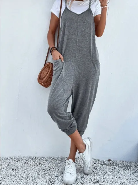 Women's Solid Color Zipper Patch Pocket Sling Jumpsuit For Women